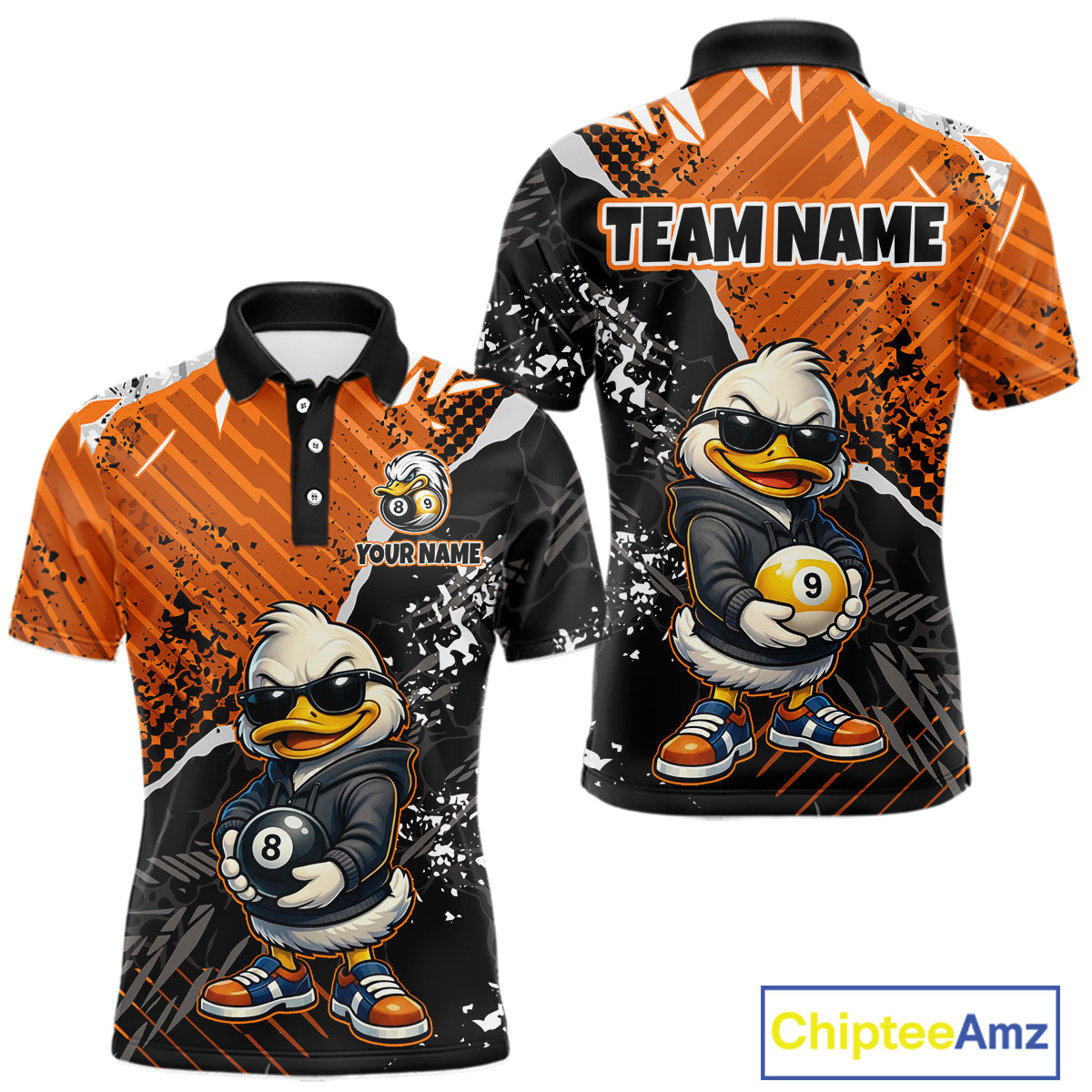 Front and back views of a custom short-sleeve polo shirt featuring a cartoon duck character wearing sunglasses and holding billiard balls, with orange and black splatter graphics. The front shows 'YOUR NAME' and the back shows 'TEAM NAME'.