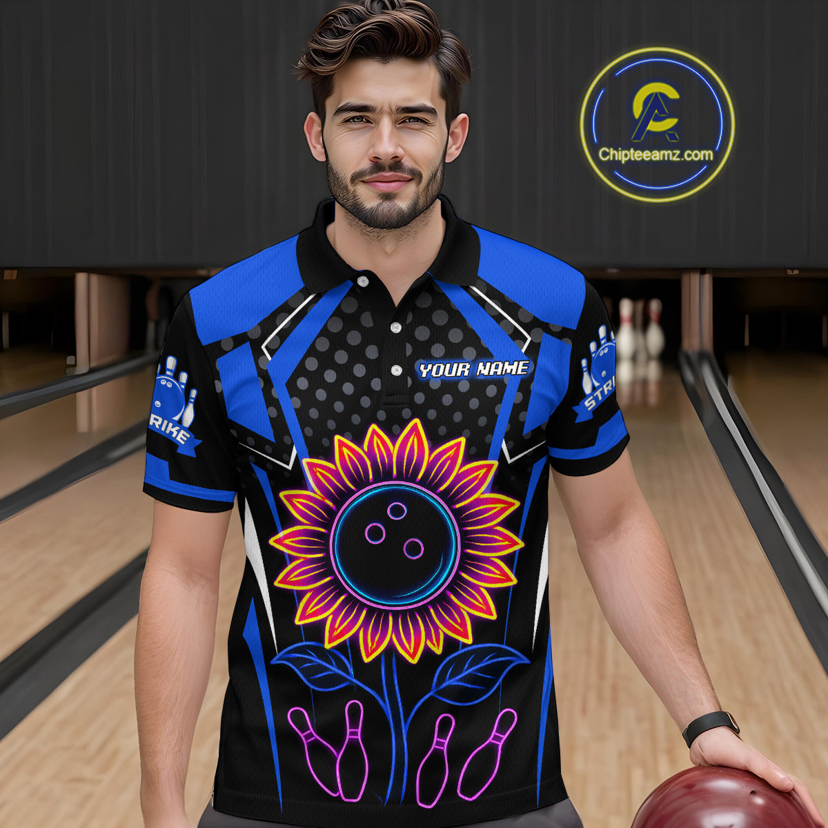 Blue Neon Lightning Sunflower Bowling Shirt for Men Custom Team Bowling Polo Bowling Jersey QZT771