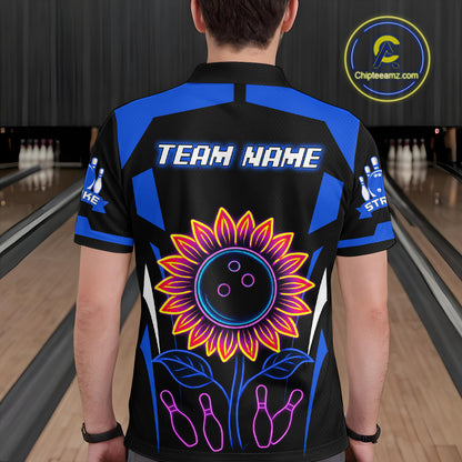 Blue Neon Lightning Sunflower Bowling Shirt for Men Custom Team Bowling Polo Bowling Jersey QZT771
