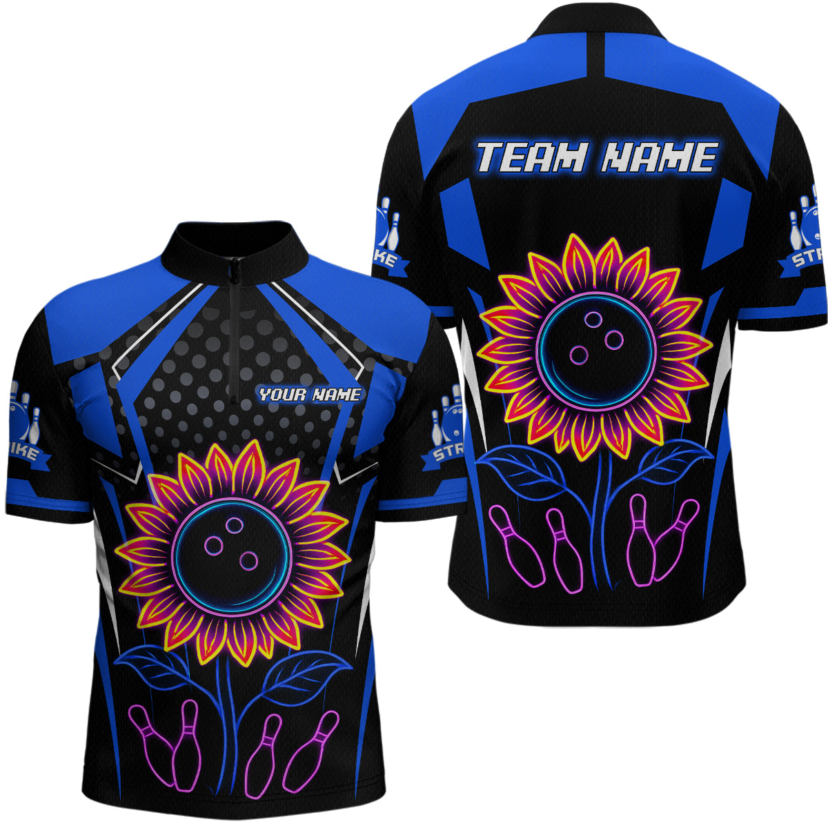 Blue Neon Lightning Sunflower Bowling Shirt for Men Custom Team Bowling Polo Bowling Jersey QZT771