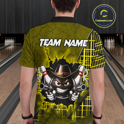 Custom Yellow Funny Cowboy Gun Bowling Shirt for Men Bowling Team Jersey Bowling Polo & Quarter-Zip QZT915