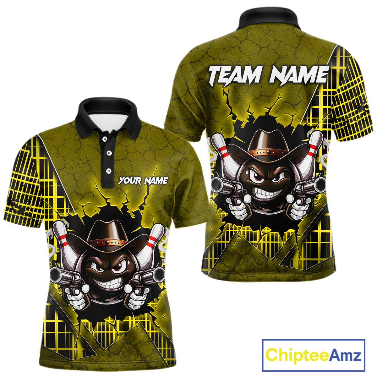 Custom Yellow Funny Cowboy Gun Bowling Shirt for Men Bowling Team Jersey Bowling Polo & Quarter-Zip QZT915
