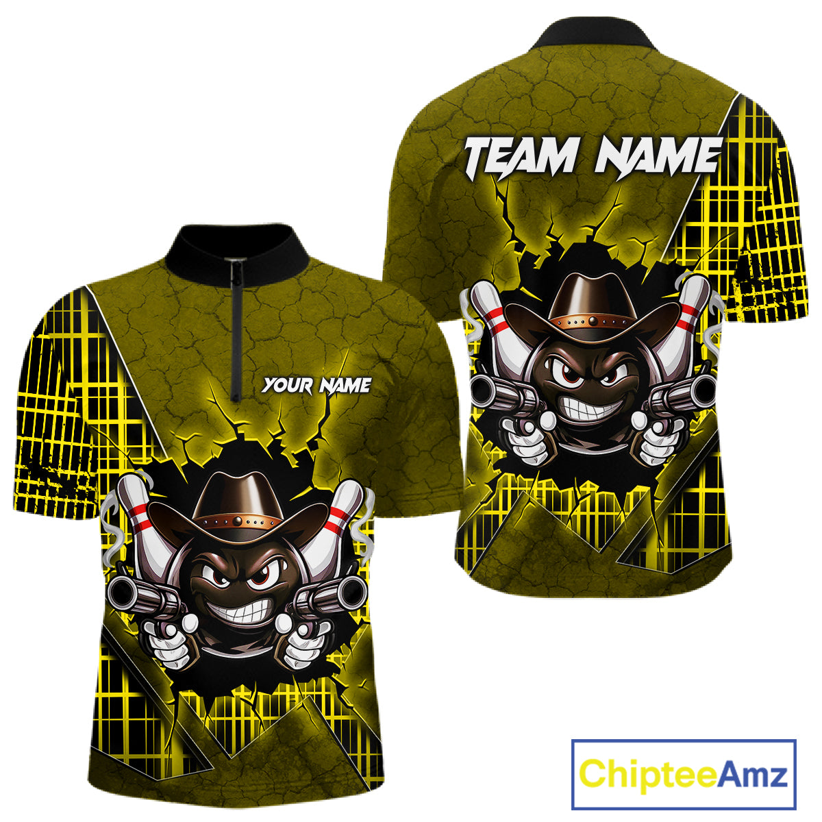 Custom Yellow Funny Cowboy Gun Bowling Shirt for Men Bowling Team Jersey Bowling Polo & Quarter-Zip QZT915