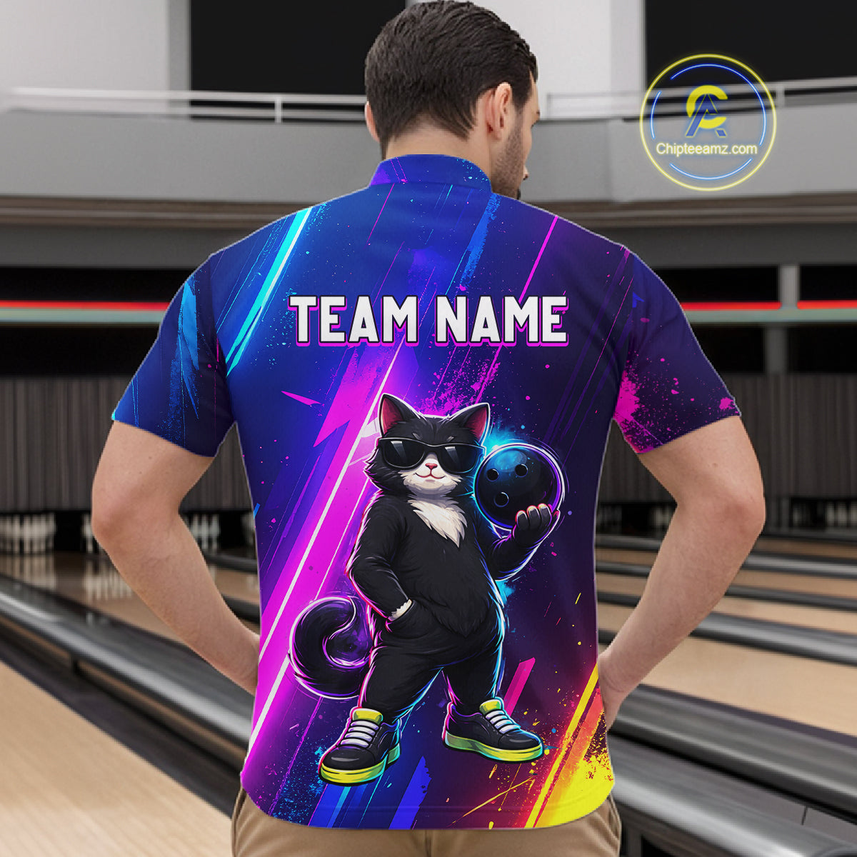 Personalized Neon Funny Cat Bowling Team Shirt for Men Bowling League Jersey Polo & Quarter-Zip Bowling Outfit QZT916