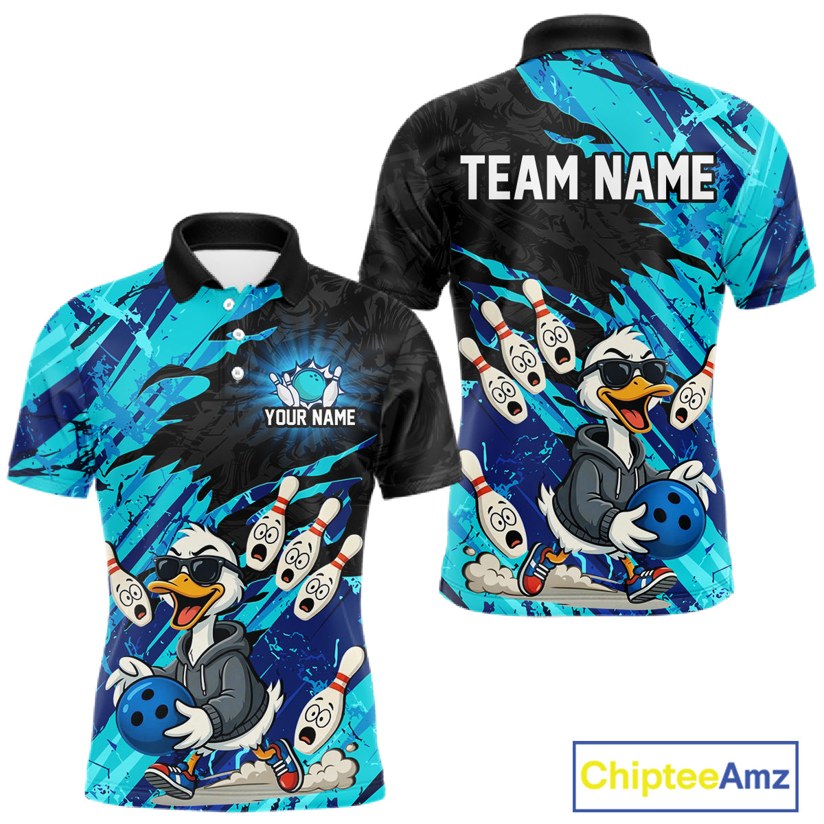 Cyan Funny Duck Bowling Shirt for Men Custom Bowling Team Jersey Bowling League Polo & Quarter-Zip QZT944