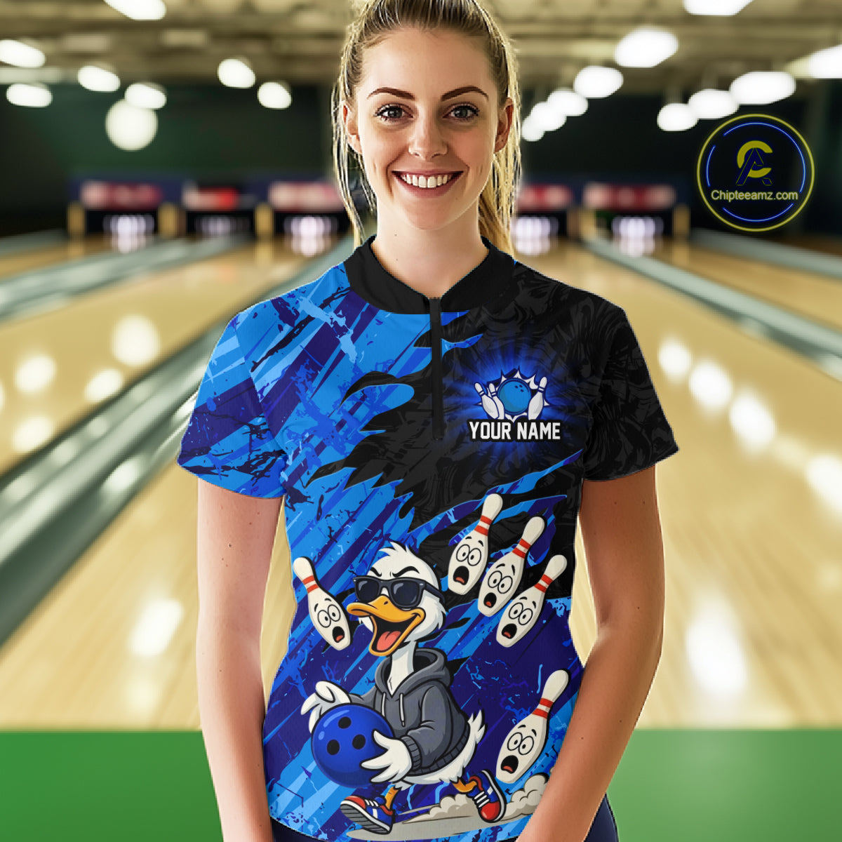 Blue Funny Duck Bowling Shirt for Women Custom Bowling Team Jersey Bowling League Polo & Quarter-Zip QZT944