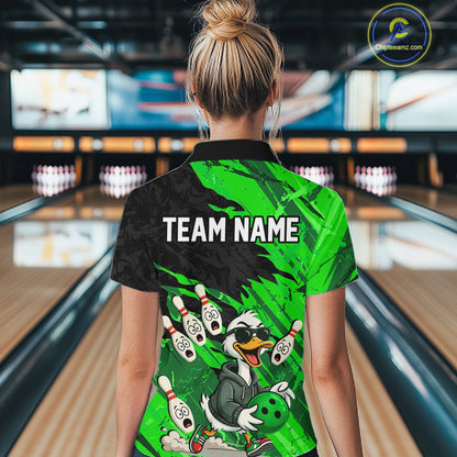 Green Funny Duck Bowling Shirt for Women Custom Bowling Team Jersey Bowling League Polo & Quarter-Zip QZT944