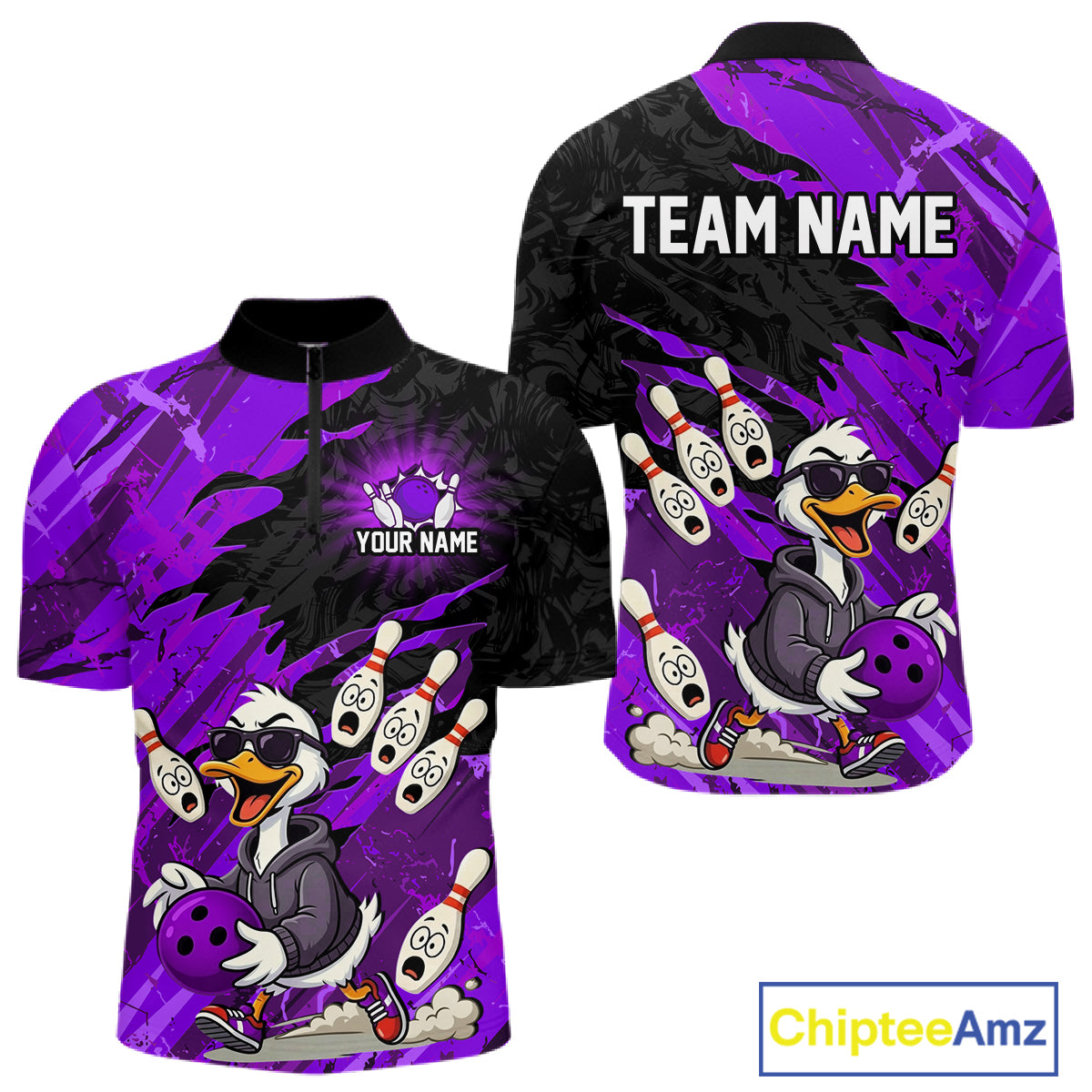 Purple Funny Duck Bowling Shirt for Men Custom Bowling Team Jersey Bowling League Polo & Quarter-Zip QZT944