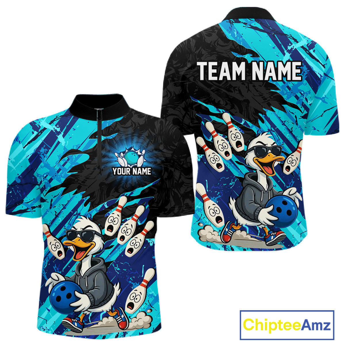Cyan Funny Duck Bowling Shirt for Men Custom Bowling Team Jersey Bowling League Polo & Quarter-Zip QZT944