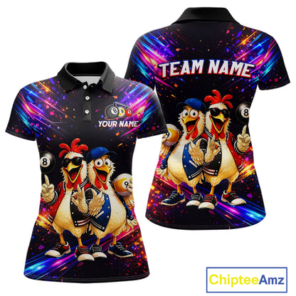 Colorful polo shirt with cartoon chickens and customizable text on a white background