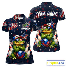 Load image into Gallery viewer, Custom American Flag Alligator Bowling Shirt for Women Patriotic Bowling Jersey Polo &amp; 1/4-Zip QZT1029