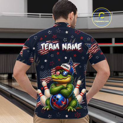 Custom American Flag Alligator Bowling Shirt for Men Patriotic Bowling Jersey Polo & 1/4-Zip QZT1029