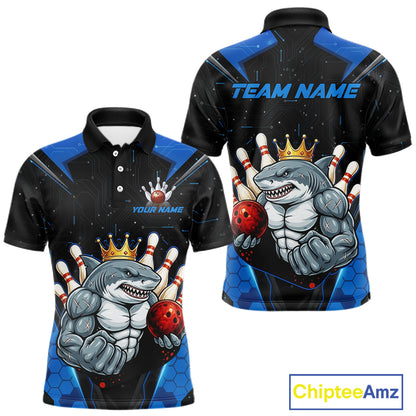 Custom Blue Funny Shark Bowling Team Shirt Bowling Jersey for Men Polo & Quarter-Zip QZT949