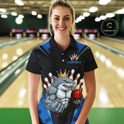 Custom Blue Funny Shark Bowling Team Shirt Bowling Jersey for Women Polo & Quarter-Zip QZT949