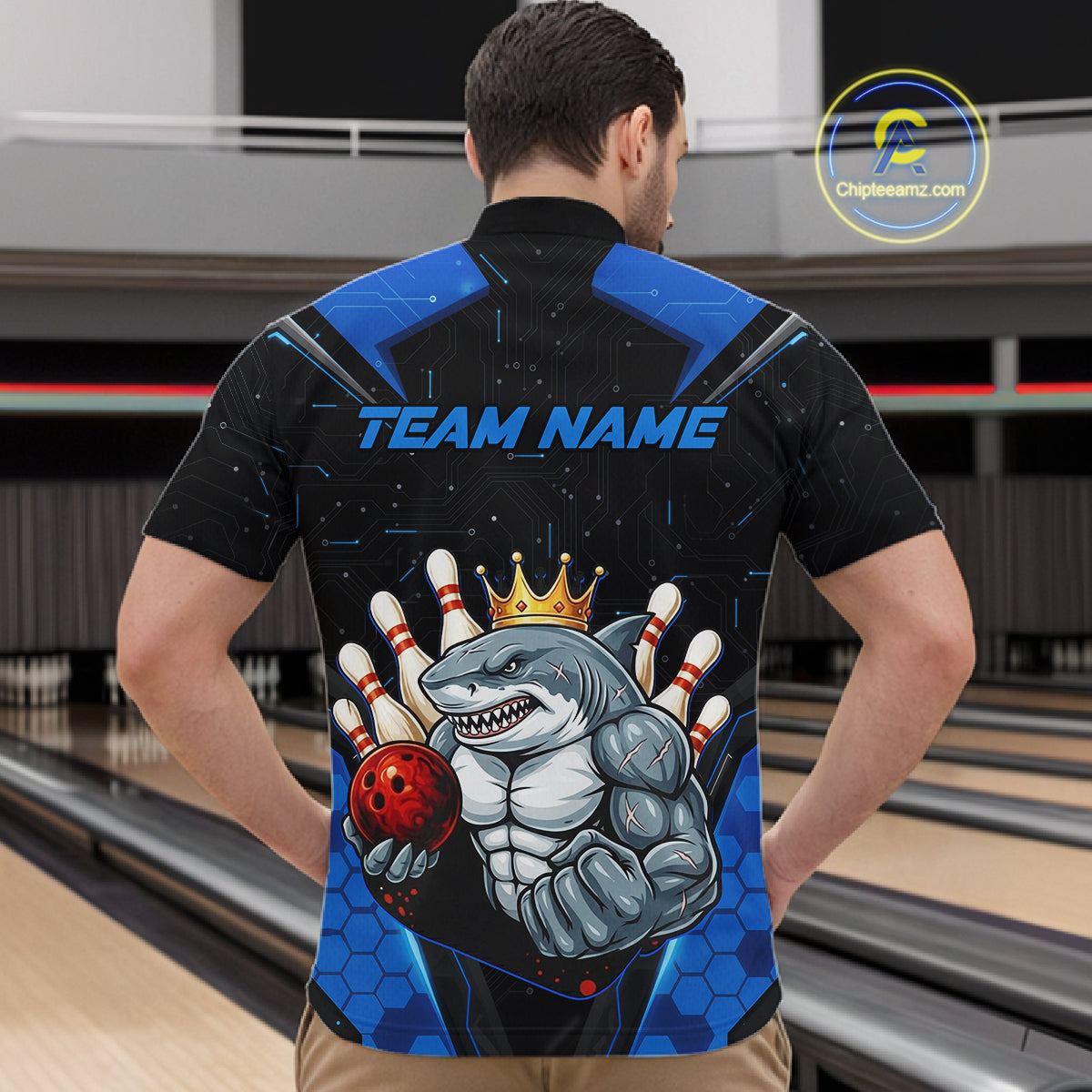 Custom Blue Funny Shark Bowling Team Shirt Bowling Jersey for Men Polo & Quarter-Zip QZT949