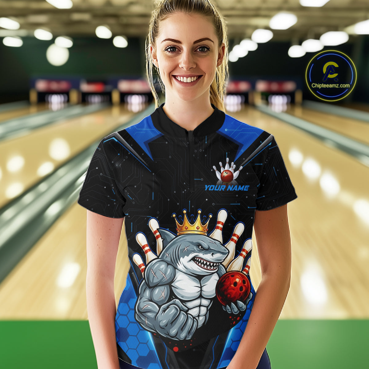 Custom Blue Funny Shark Bowling Team Shirt Bowling Jersey for Women Polo & Quarter-Zip QZT949