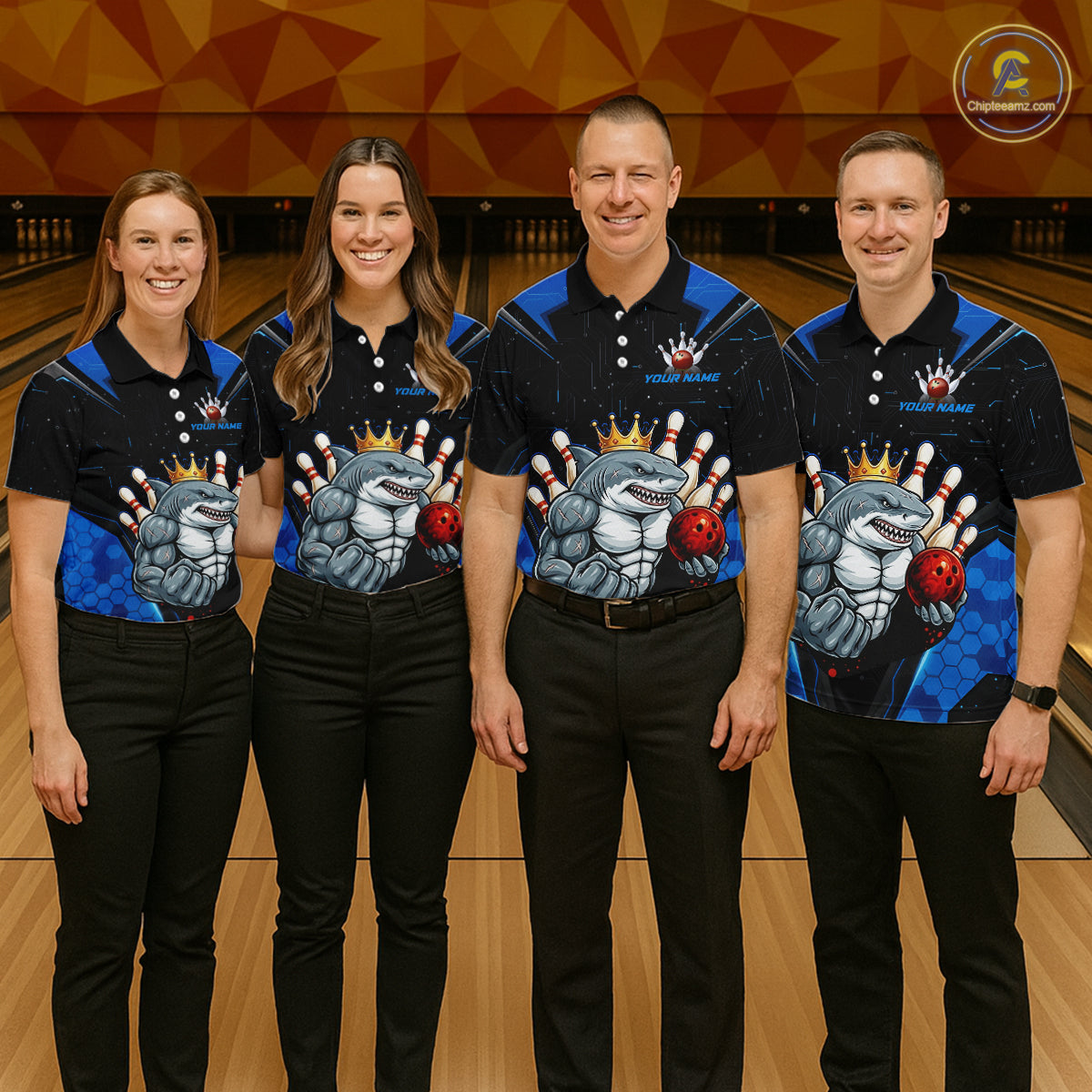 Custom Blue Funny Shark Bowling Team Shirt Bowling Jersey for Men Polo & Quarter-Zip QZT949