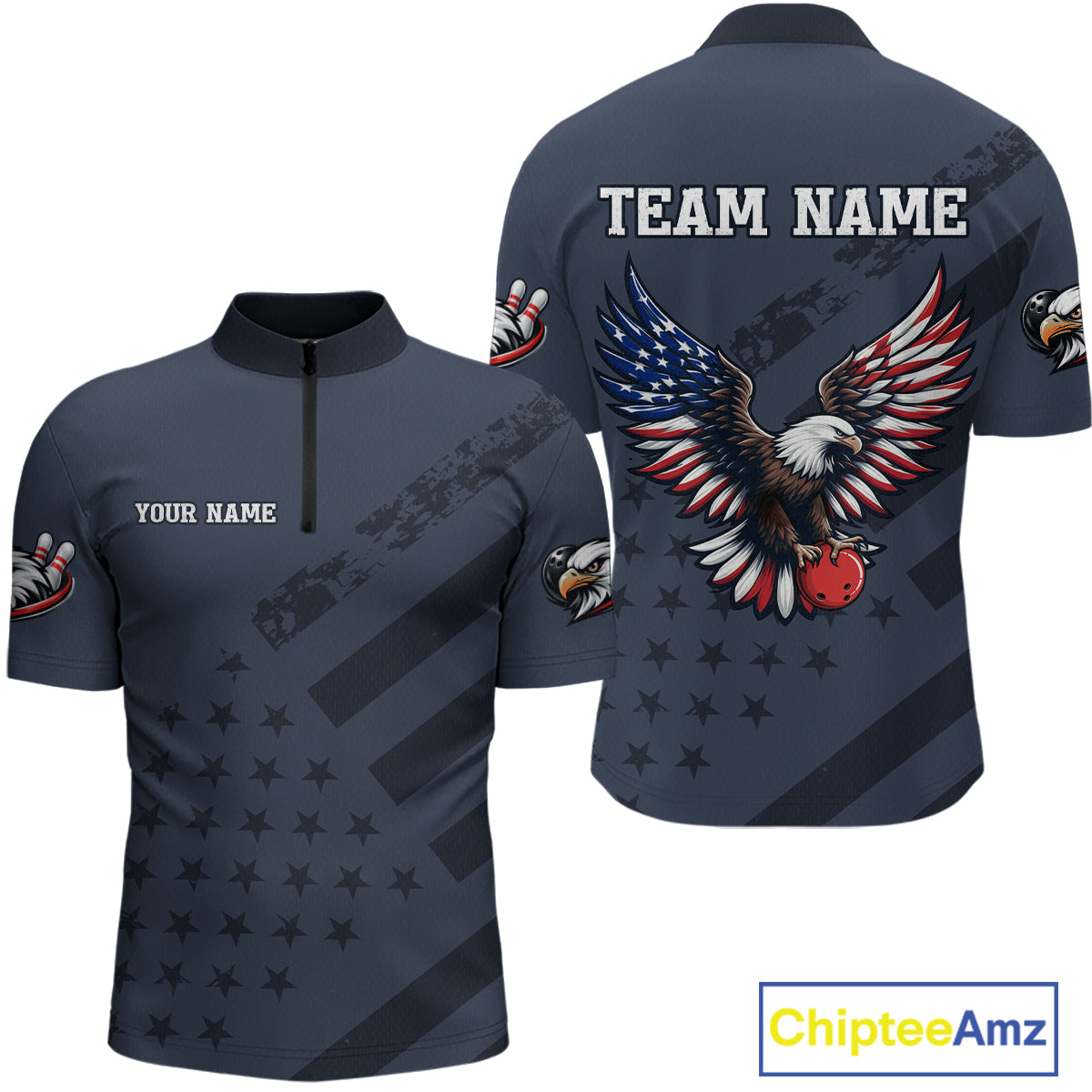 Custom American Flag Eagle Bowling Shirt for Men Polo & Quarter-Zip Bowling Team Jersey QZT953