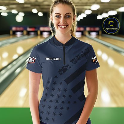 Custom American Flag Eagle Bowling Shirt for Women Polo & Quarter-Zip Bowling Team Jersey QZT953