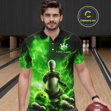 Load image into Gallery viewer, Man wearing a green bowling-themed shirt with a snake design in a bowling alley.