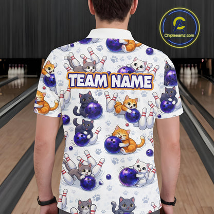 Custom Funny Cat Pattern Bowling Shirt Bowling Jersey League Polo & 1/4Zip Bowling Team for Men QZT951