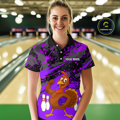 Purple Funny Turkey Bowling Team Shirt for Women Bowling Jersey Thanksgiving Bowling Outfit QZT776