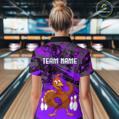 Purple Funny Turkey Bowling Team Shirt for Women Bowling Jersey Thanksgiving Bowling Outfit QZT776