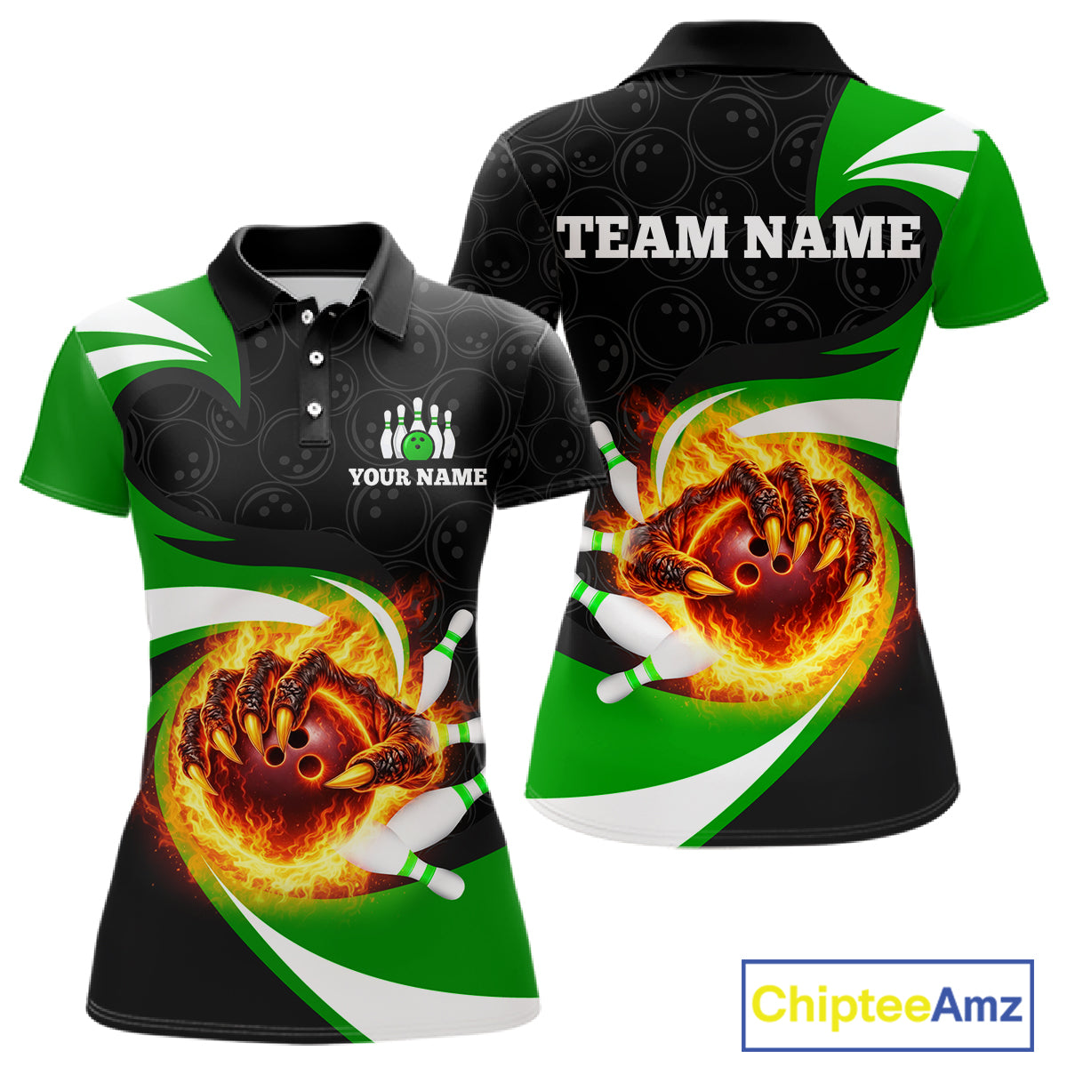 Personalized Green Flame Demon Hand Bowling Shirt for Women Bowling Outfit Polo & Quarter-Zip Bowling Jersey QZT867