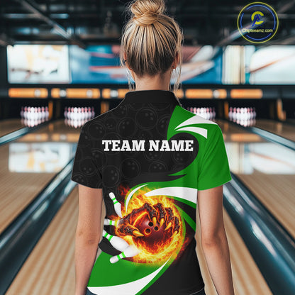 Personalized Green Flame Demon Hand Bowling Shirt for Women Bowling Outfit Polo & Quarter-Zip Bowling Jersey QZT867