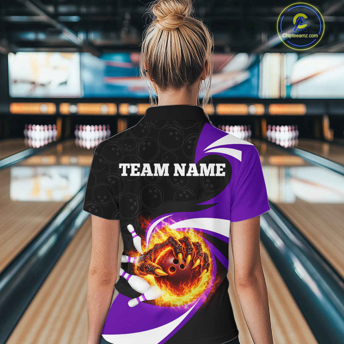 Personalized Purple Flame Demon Hand Bowling Shirt for Women Bowling Outfit Polo & Quarter-Zip Bowling Jersey QZT867