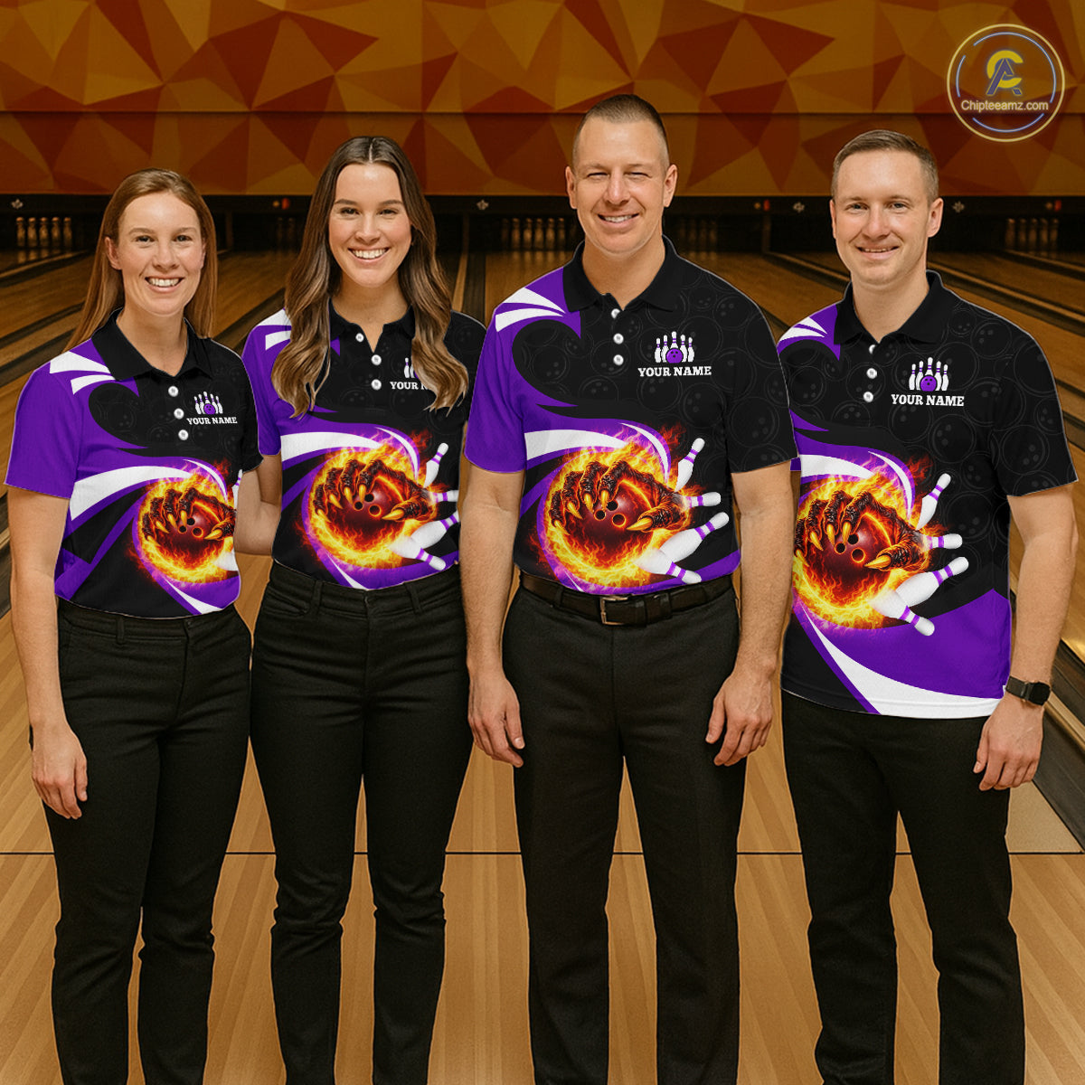 Personalized Purple Flame Demon Hand Bowling Shirt for Men Bowling Outfit Polo & Quarter-Zip Bowling Jersey QZT867