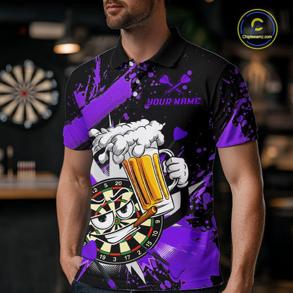 A man wearing a black and purple short-sleeve polo shirt with a cartoon graphic of a mug holding a beer and a dartboard, set in a blurred bar environment. A 'Citydreamz' watermark is visible in the top right corner.
