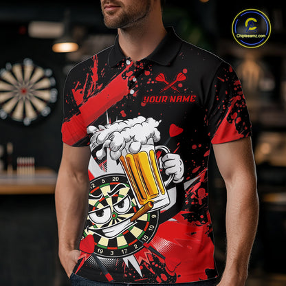 A man wearing a black and red short-sleeve polo shirt with a dartboard cartoon graphic of a mug holding a beer and a dartboard, set in a blurred bar environment. 