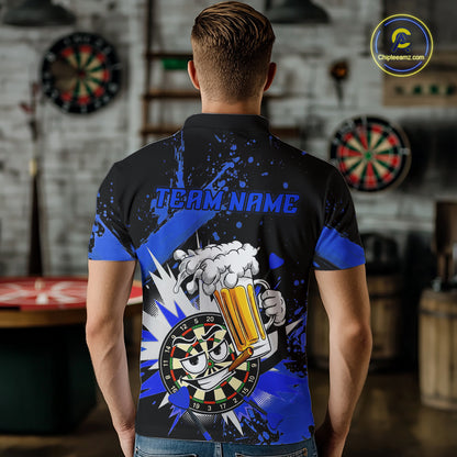 A man viewed from behind wearing a black and blue short-sleeve polo shirt with a beer-themed graphic on the back, featuring a cartoon beer mug, foam burst, dartboard, and the text 'TEAM.NAME'.