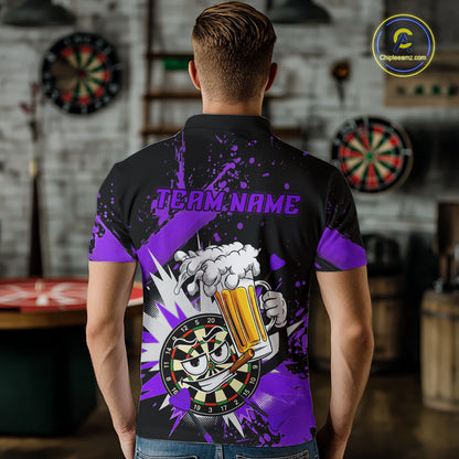 A man viewed from behind wearing a black short-sleeve polo shirt with a purple and white graphic design on the back. The design features the text 'TEAM.