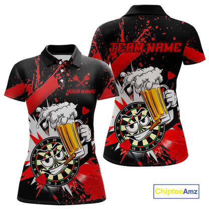 Custom short-sleeve polo shirt shown from front and back on a white background. The shirt features a black base with bold red paint splatters, a cartoon dartboard character holding a beer mug, and customizable text reading 'TEAM.