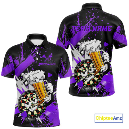 Customizable black and purple short-sleeve polo shirt mockup showing front and back views with a cartoon dartboard and beer mug graphic, plus 'TEAM NAME' and 'YOUR NAME' text placeholders, on a white background with ChipteeAmz logo.