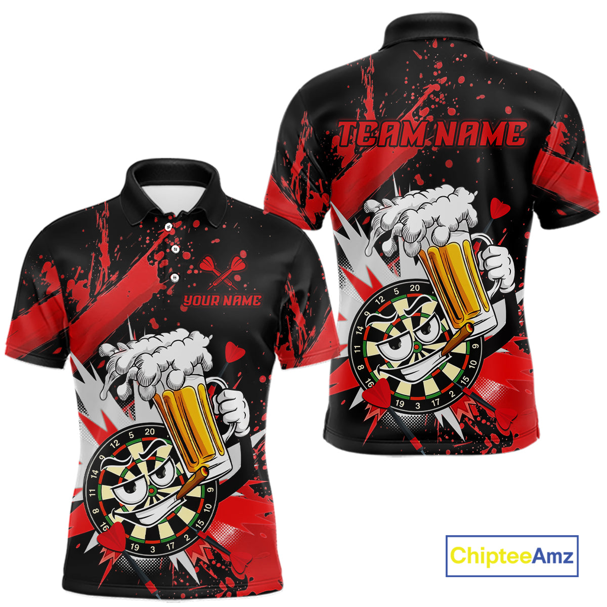 Custom short-sleeve polo shirt shown from the front and back, featuring a black base with bold red paint splatters and a cartoon dartboard-themed graphic holding a beer mug. Includes customizable text placeholders 'YOUR NAME' and 'TEAM.