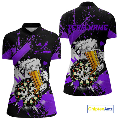 Front and back views of a women's short-sleeve quarter-zip jersey with a black and purple all-over graphic print featuring a cartoon dartboard character holding a beer mug, customizable text placeholders, and a ChipteeAmz logo in the bottom right corner.