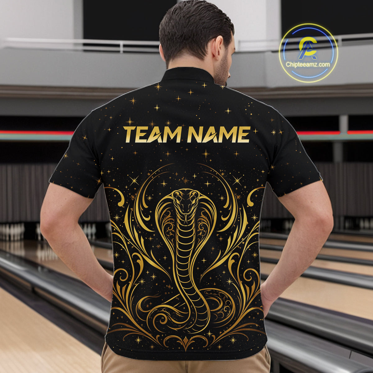 Man wearing custom black & gold cobra bowling 1/4 zip shirt, front view mockup, personalized bowling league jersey.