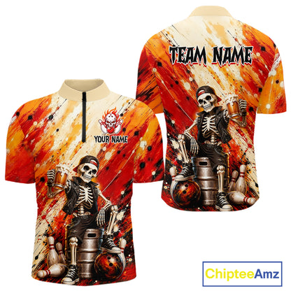 Custom orange skeleton & beer bowling quarter-zip shirt, front and back views, bowling league jersey for men