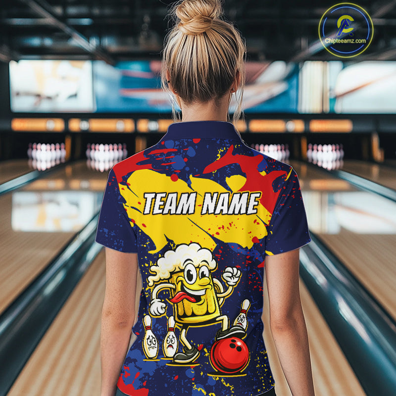 Red & Yellow Funny Beer Bowling Shirt Custom Navy Bowling Jersey for Women Bowling Team QZT811