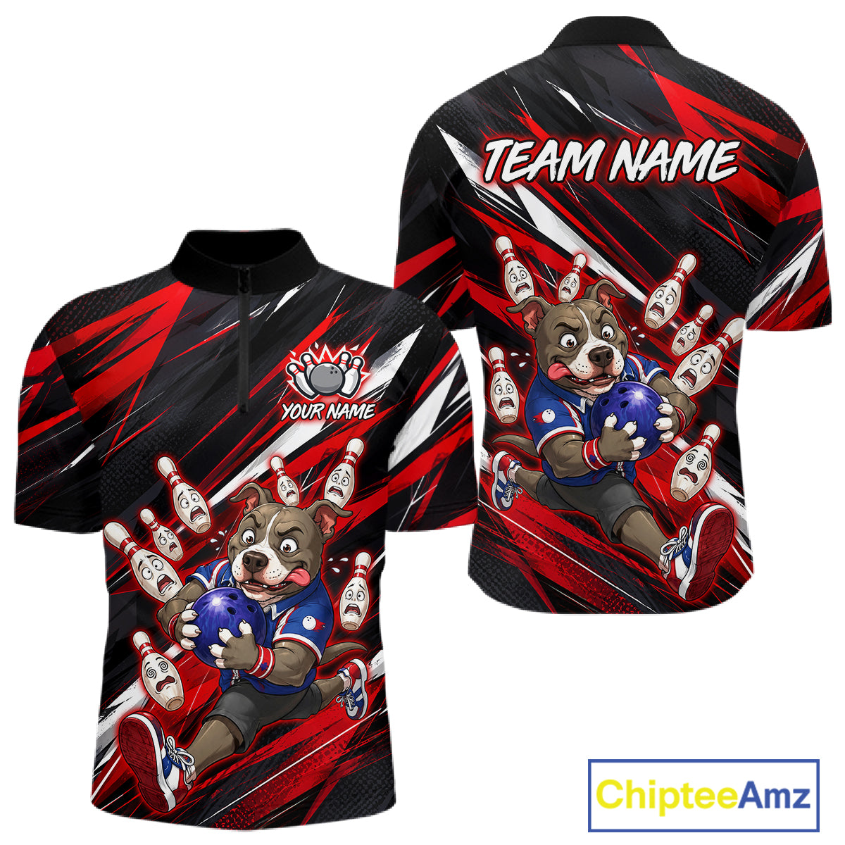 Custom red pit bull bowling quarter-zip shirt, front and back views, bowling league jersey for men