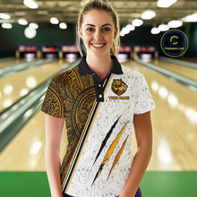 Load image into Gallery viewer, Woman wearing custom yellow tribal tiger  bowling polo shirt, front view mockup, personalized bowling league jersey.