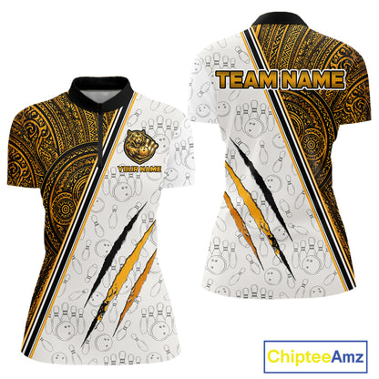 Custom yellow tribal tiger bowling quarter-zip shirt, front and back views, bowling league jersey for women