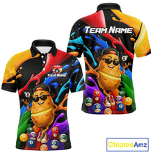 Load image into Gallery viewer, Colorful polo shirt with a potato character and billiard balls design, featuring 'Team Name' and 'Your Name' text.