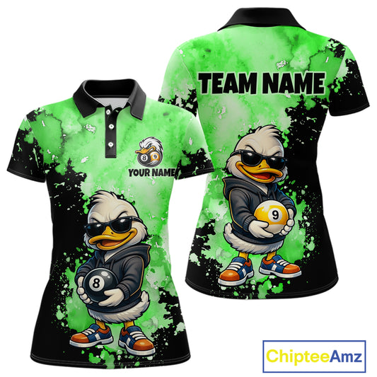 Custom short-sleeve polo shirt shown from the front and back, featuring a bright green and black watercolor splatter design with a cartoon duck wearing sunglasses and holding pool balls. The front has a placeholder logo and text reading 'YOUR NAME', and the back has 'TEAM NAME'.