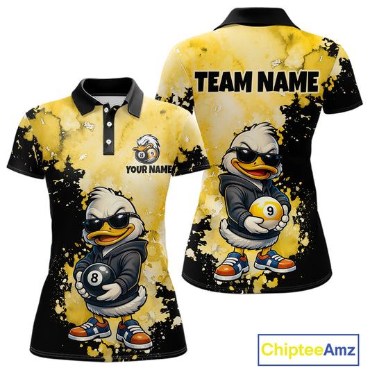 Front and back views of a short-sleeve polo shirt with a yellow and black splatter design, featuring a cartoon duck character wearing sunglasses and holding pool balls, plus customizable text areas.
