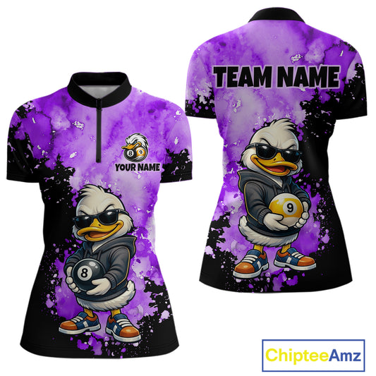Front and back views of a women's short-sleeve polo shirt with a purple and black watercolor splatter design, featuring a cartoon duck wearing sunglasses and holding pool balls, with customizable text areas on the chest and back.