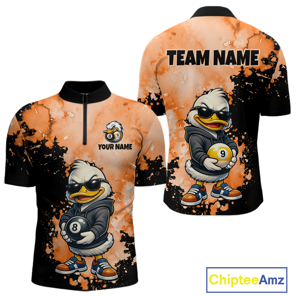 Front and back views of a short-sleeve polo shirt featuring a cartoon duck character in a black hoodie holding pool balls, on an orange splattered background with black sleeves and collar. The front has a half-zip, the back has 'TEAM NAME' text, and the shirts show customizable text placeholders.